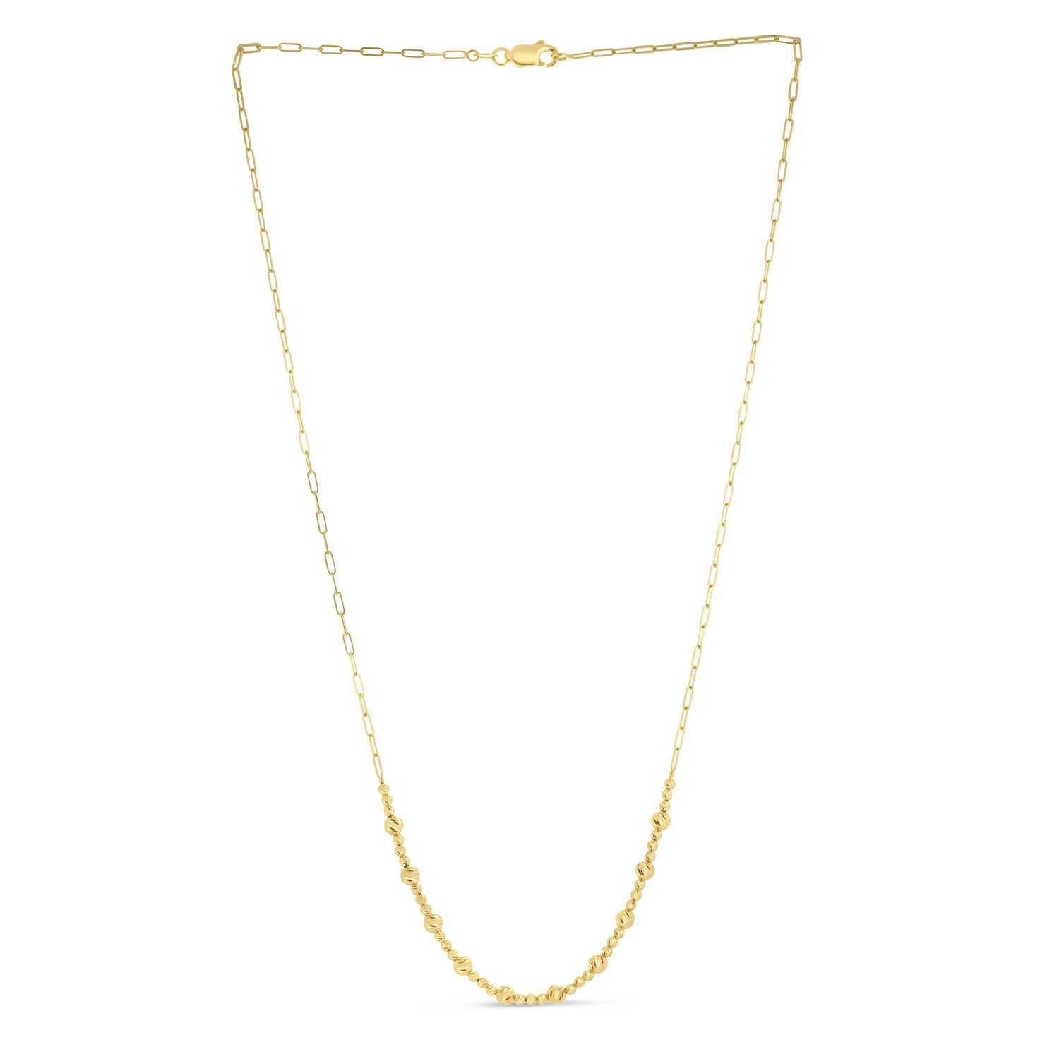 14k Yellow Gold Bead Paperclip Necklace in a sleek high-contrast midnight luxury editorial style